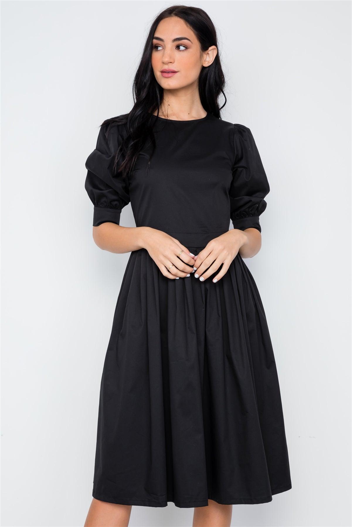 Black Solid Shirred Waist Boho Midi Dress / 1-2-1