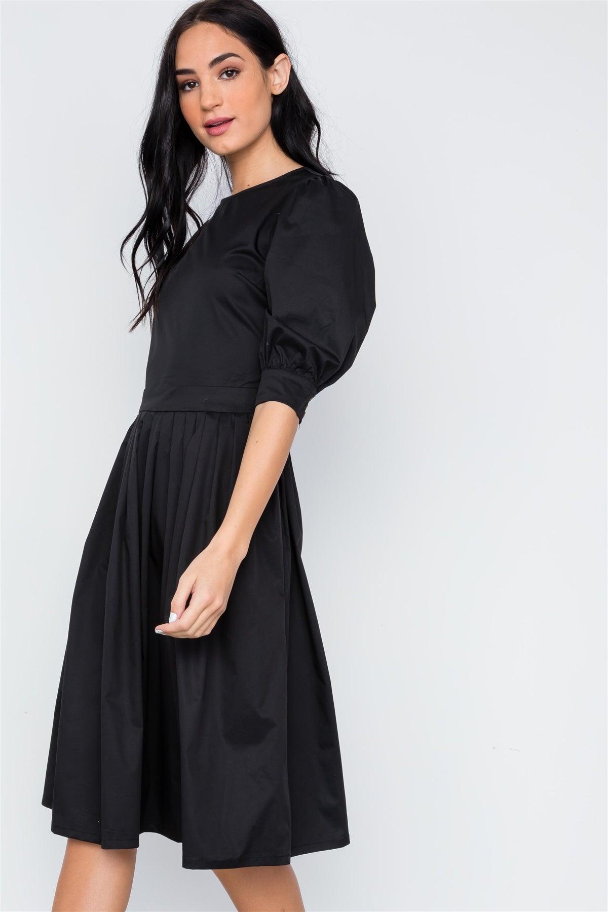 Black Solid Shirred Waist Boho Midi Dress / 1-2-1