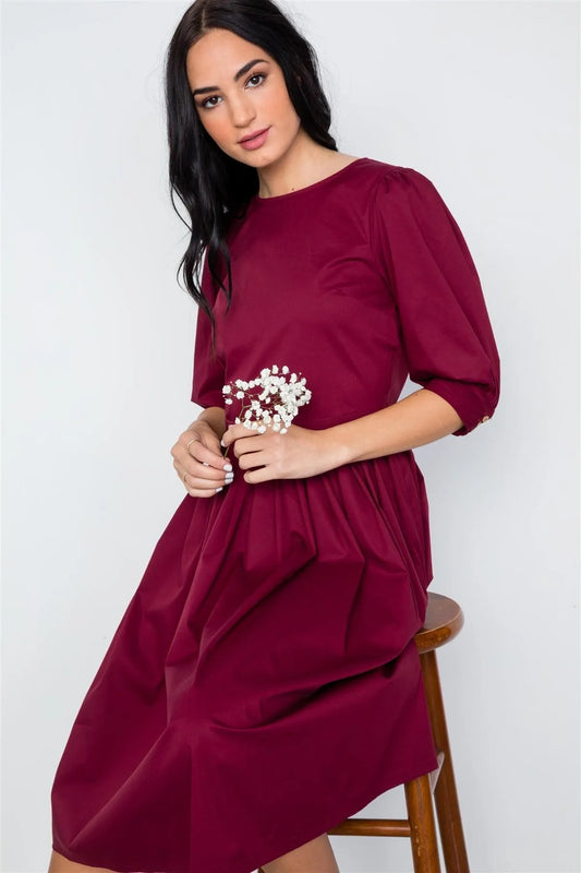 Burgundy Solid Shirred Waist Boho Midi Dress / 2-2-2 - Tasha Apparel Wholesale