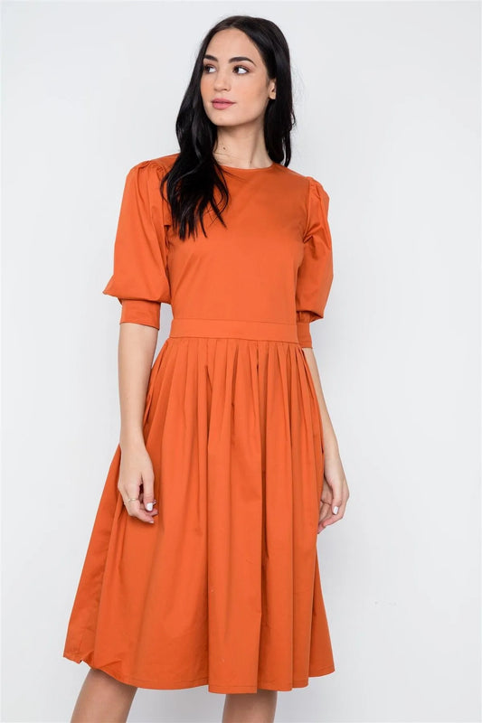 Rust Solid Shirred Waist Boho Midi Dress / 2-2-2 - Tasha Apparel Wholesale