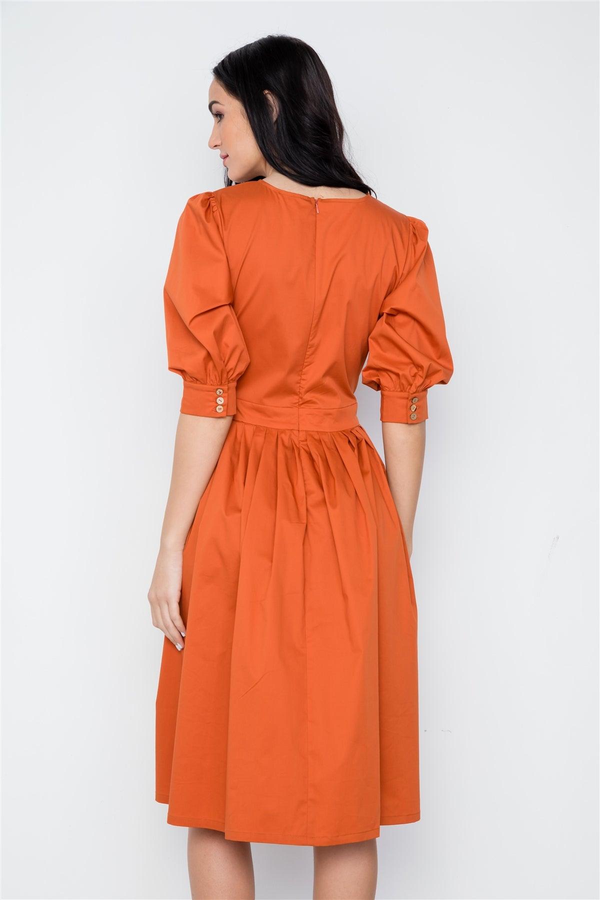 Rust Solid Shirred Waist Boho Midi Dress / 2-2-2