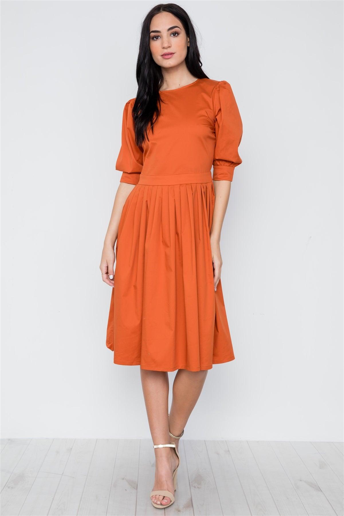 Rust Solid Shirred Waist Boho Midi Dress / 2-2-2