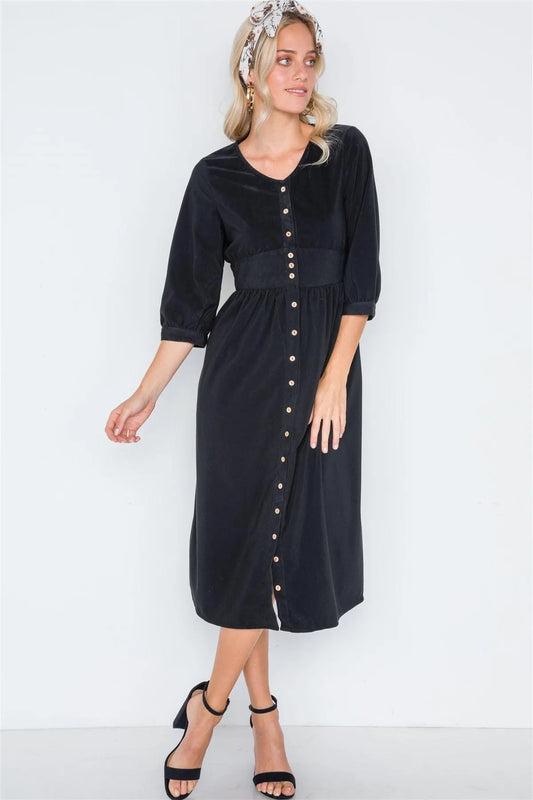 Black Corduroy 3/4 Sleeve Button Down Midi Dress /2-2-2 - Tasha Apparel Wholesale