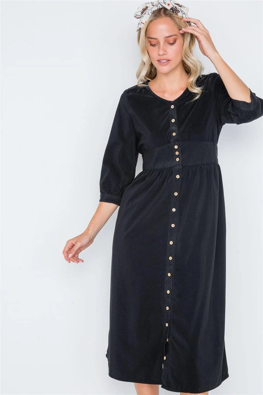 Black Corduroy 3/4 Sleeve Button Down Midi Dress /3-2-2 - Tasha Apparel Wholesale