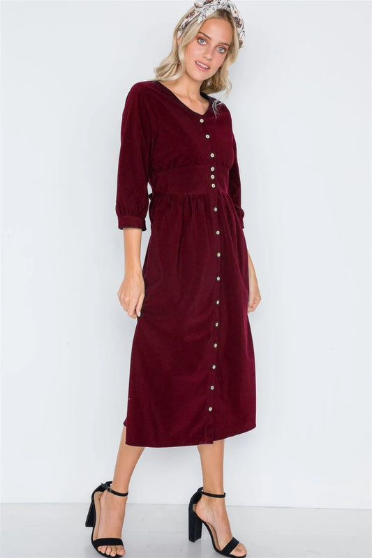 Burgundy Corduroy 3/4 Sleeve Button Down Midi Dress /2-2-2 - Tasha Apparel Wholesale