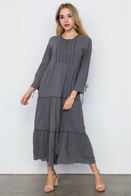 Charcoal Long Sleeve Maxi Boho Cotton Dress / 2-2-2 - Tasha Apparel Wholesale