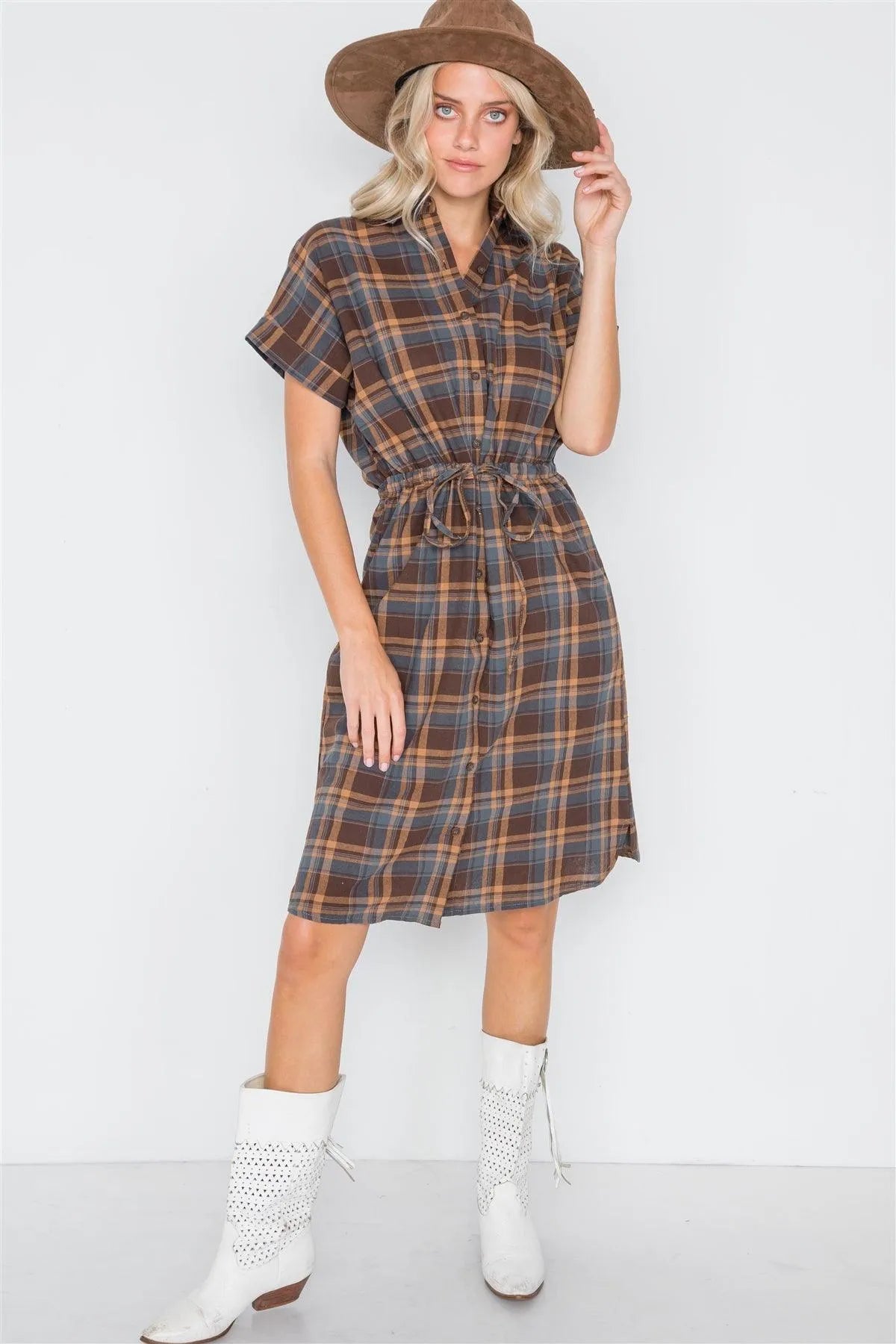 Multi Blue Plaid Short Sleeve Button Down Dress /1-2-1 - Tasha Apparel Wholesale