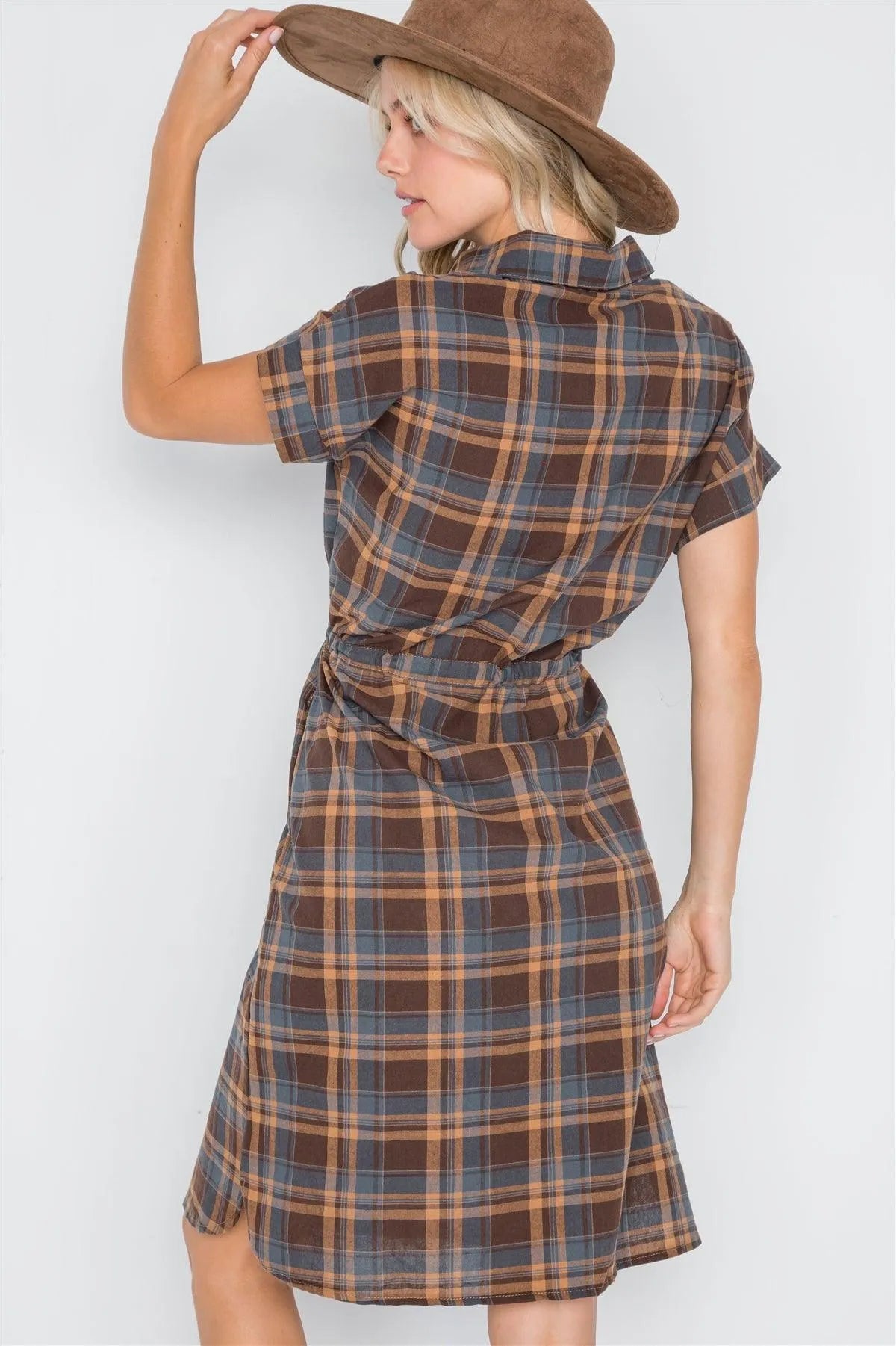 Multi Blue Plaid Short Sleeve Button Down Dress /1-2-1 - Tasha Apparel Wholesale