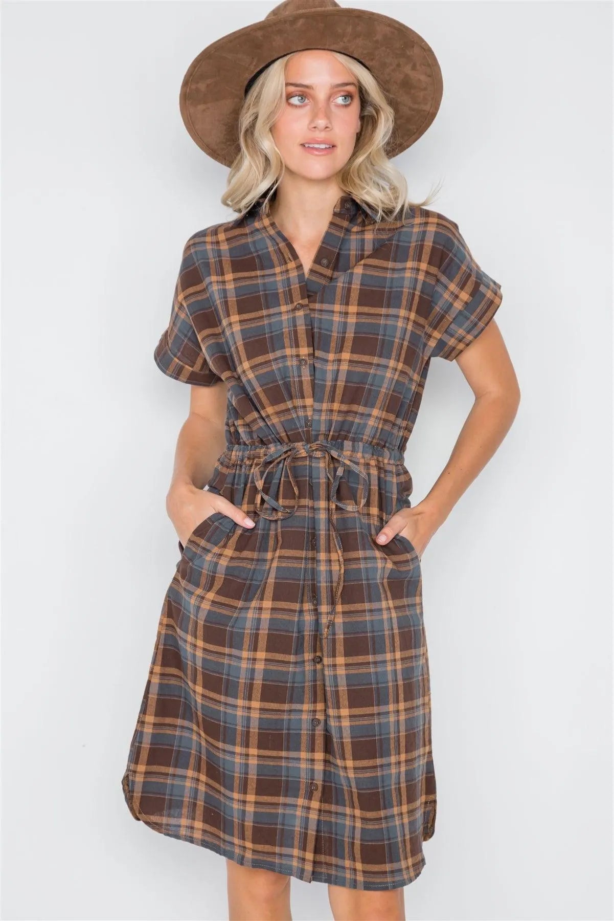 Multi Blue Plaid Short Sleeve Button Down Dress /1-2-1 - Tasha Apparel Wholesale