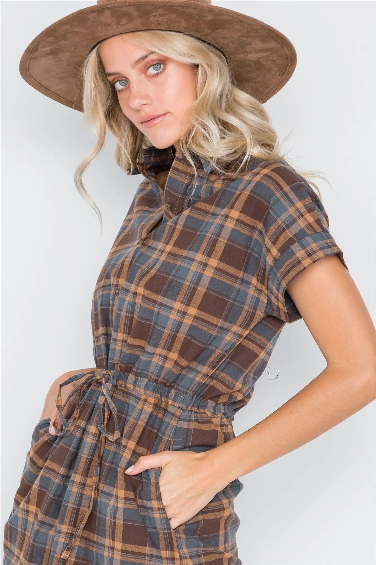 Multi Blue Plaid Short Sleeve Button Down Dress /1-2-1 - Tasha Apparel Wholesale