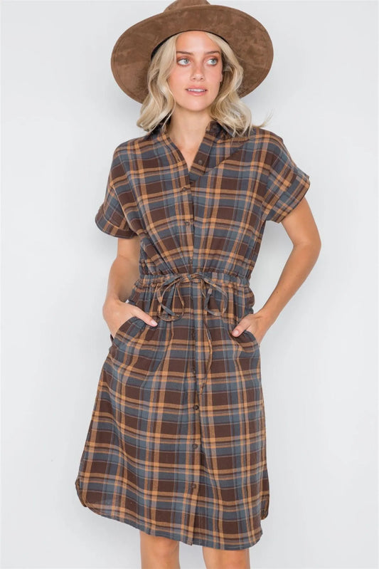 Multi Blue Plaid Short Sleeve Button Down Dress /2-2-2 - Tasha Apparel Wholesale