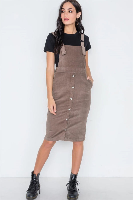 Brown Corduroy Front Button Overall Midi Dress /1-2-2 - Tasha Apparel Wholesale