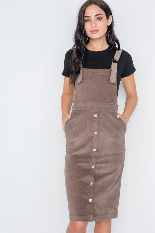 Brown Corduroy Front Button Overall Midi Dress /2-2-2 - Tasha Apparel Wholesale