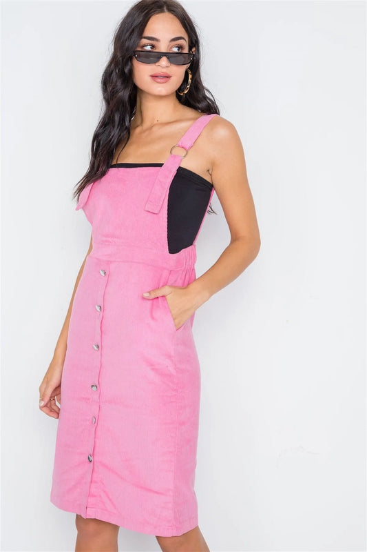Mauve Pink Corduroy Front Button Overall Midi Dress /2-2-2 - Tasha Apparel Wholesale