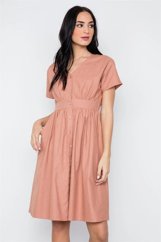 so Mauve Button Down Solid Boho Midi Dress /2-2-2 - Tasha Apparel Wholesale