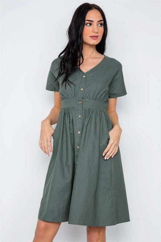 so Olive Button Down Solid Boho Midi Dress /2-2-2 - Tasha Apparel Wholesale