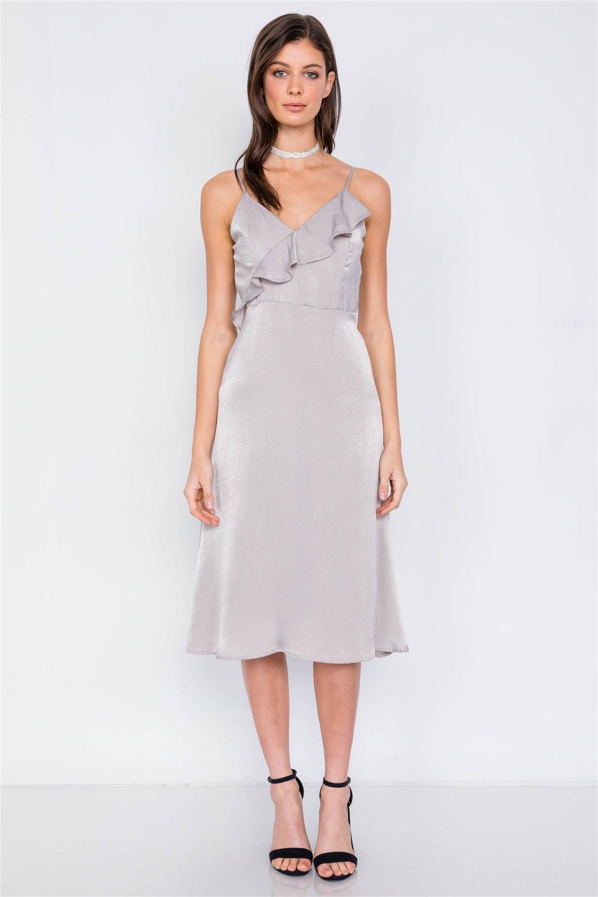 Khaki Satin Flounce Trim V-Neck A-Line Midi Chic Dress
