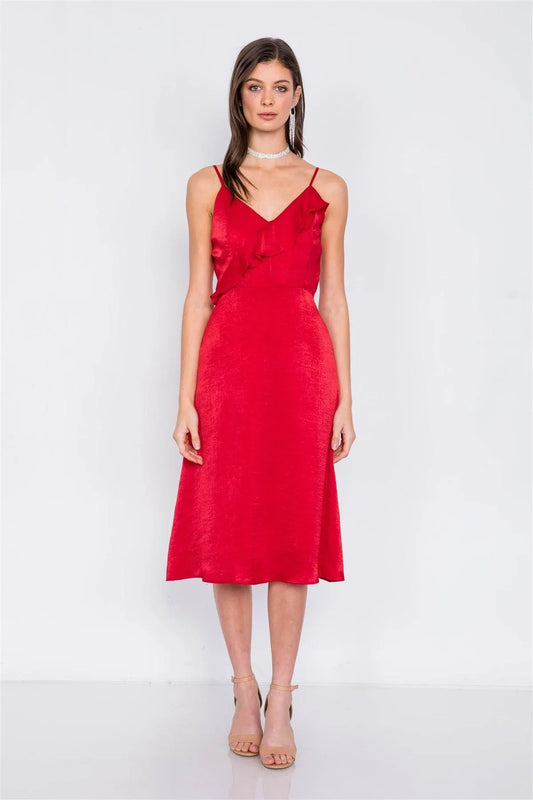 Red Satin Flounce Trim V-Neck A-Line Midi Chic Dress /2-2-2 - Tasha Apparel Wholesale