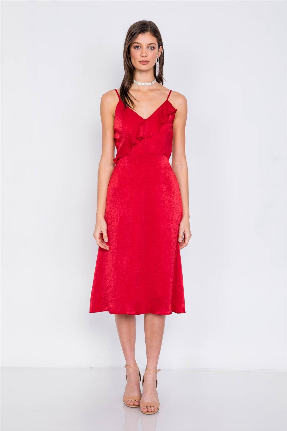Red Satin Flounce Trim V-Neck A-Line Midi Chic Dress