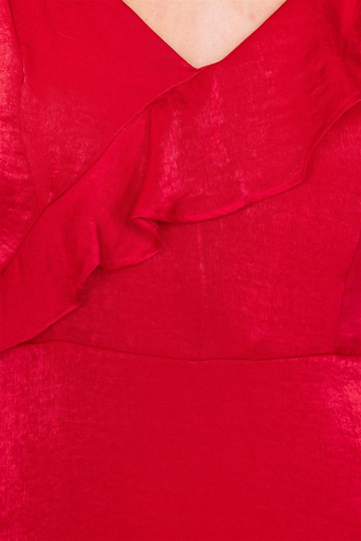 Red Satin Flounce Trim V-Neck A-Line Midi Chic Dress