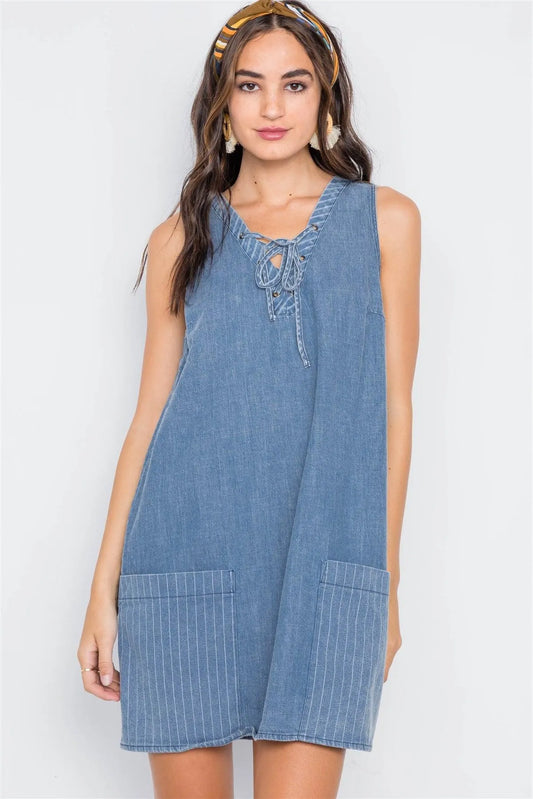 Denim Lace-Up Sleeveless A-Line Dress /2-2-2 - Tasha Apparel Wholesale
