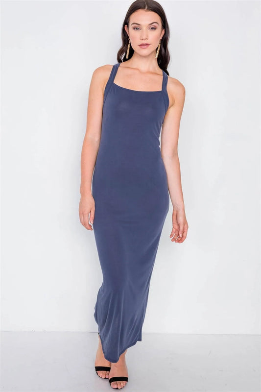 Navy Cross Back Solid Casual Maxi Dress /1-2-1 - Tasha Apparel Wholesale