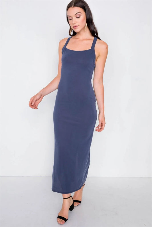 Navy Cross Back Solid Casual Maxi Dress /2-2-2 - Tasha Apparel Wholesale
