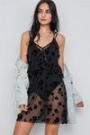 Black Velvet Burnout Floral Ruffle Slip Babydoll Mini Dress /2-2-2 - Tasha Apparel Wholesale