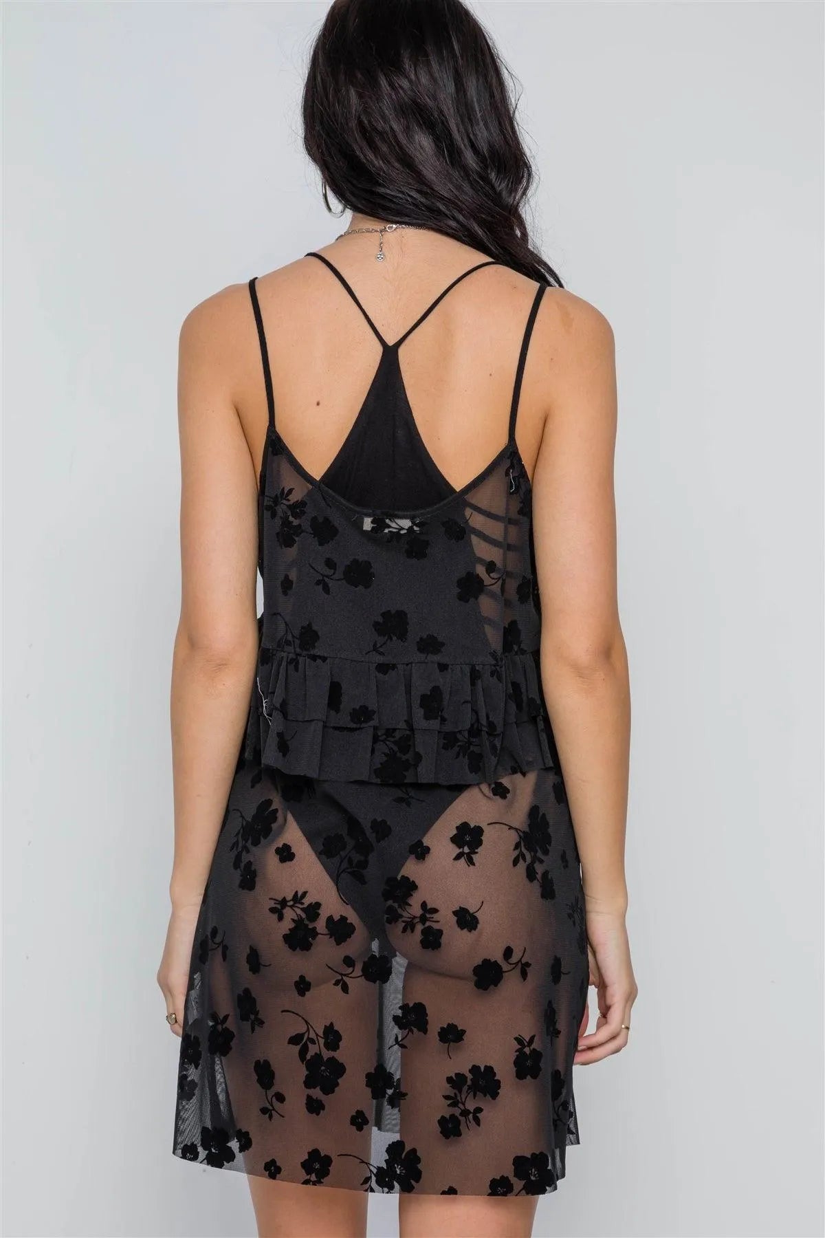 Black Velvet Burnout Floral Ruffle Slip Babydoll Mini Dress /2-2-2 - Tasha Apparel Wholesale