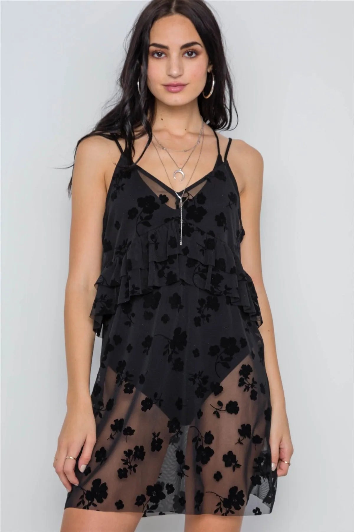 Black Velvet Burnout Floral Ruffle Slip Babydoll Mini Dress /2-2-2 - Tasha Apparel Wholesale