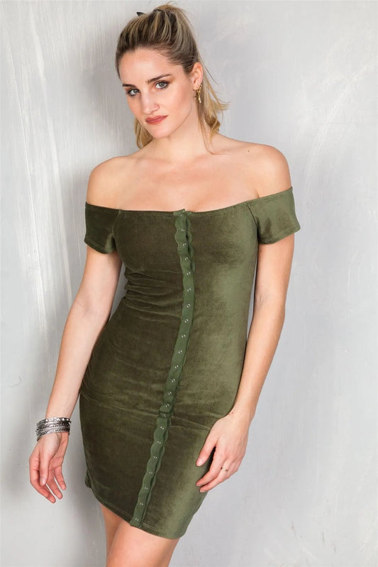 Olive Sexy Rib Knit Off The Shoulder Button Down Mini Velvet Dress /2-2-2 - Tasha Apparel Wholesale