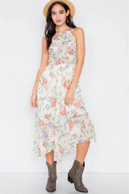 Ivory Sheer Floral Print Boho Chic Midi Dress /2-2-2 - Tasha Apparel Wholesale