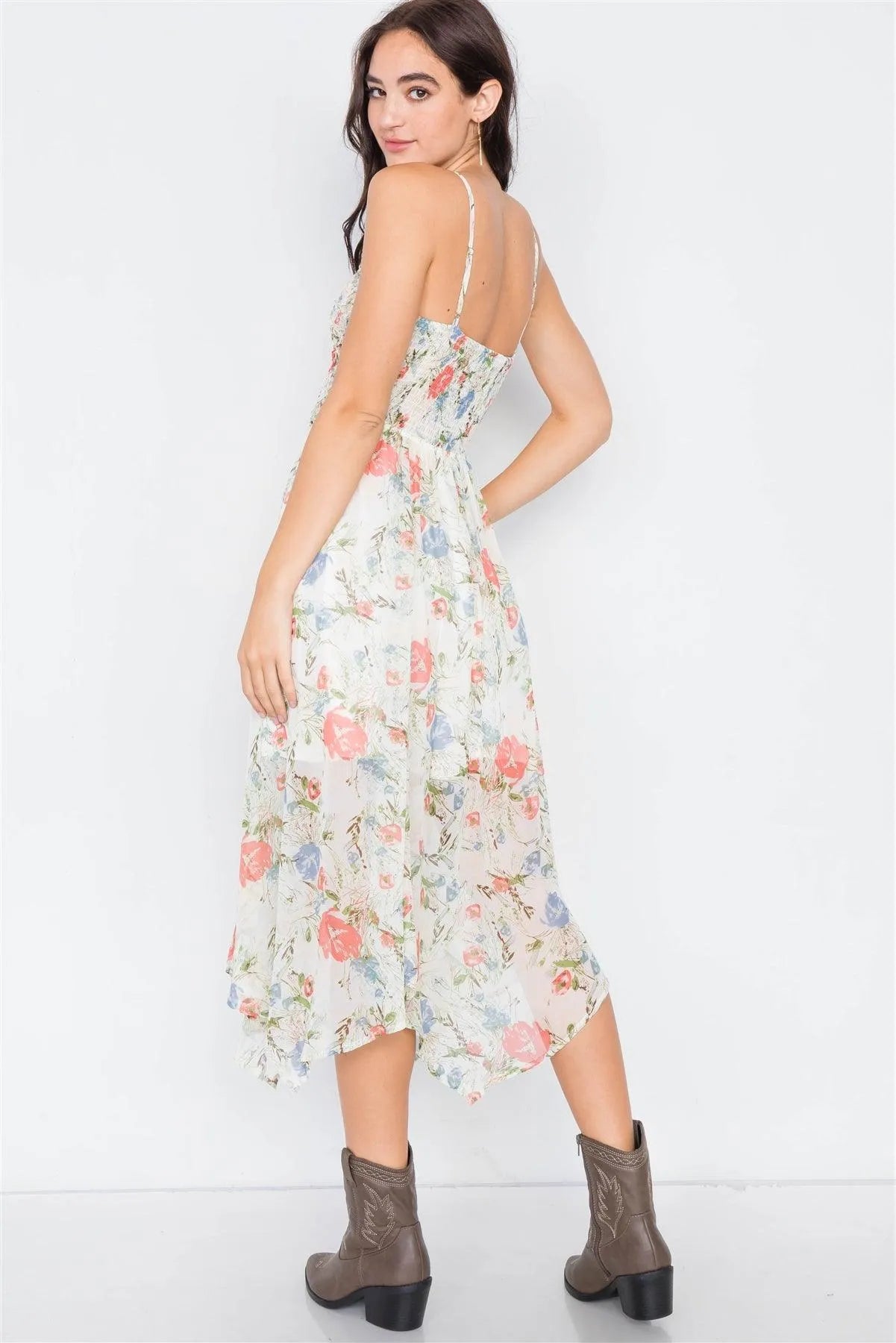 Ivory Sheer Floral Print Boho Chic Midi Dress /1-3-3 - Tasha Apparel Wholesale