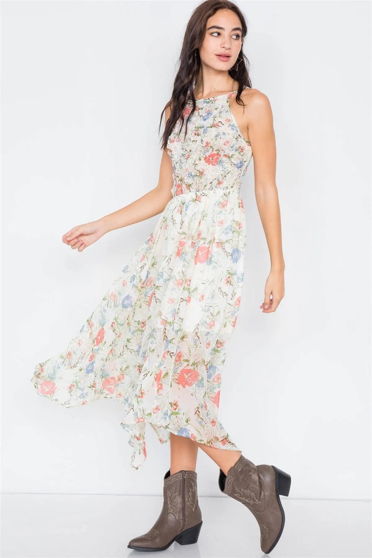 Ivory Sheer Floral Print Boho Chic Midi Dress /1-3-3 - Tasha Apparel Wholesale