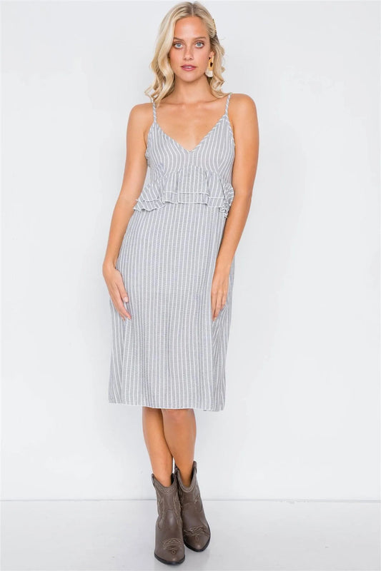 Grey & White Stripe Flounce Waist Trim V-Neck Mini Dress /1-2-2-1 - Tasha Apparel Wholesale