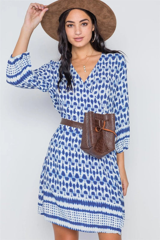 Navy Multi Print Surplice Neck 3/4 Sleeve Dress /2-2-2 - Tasha Apparel Wholesale