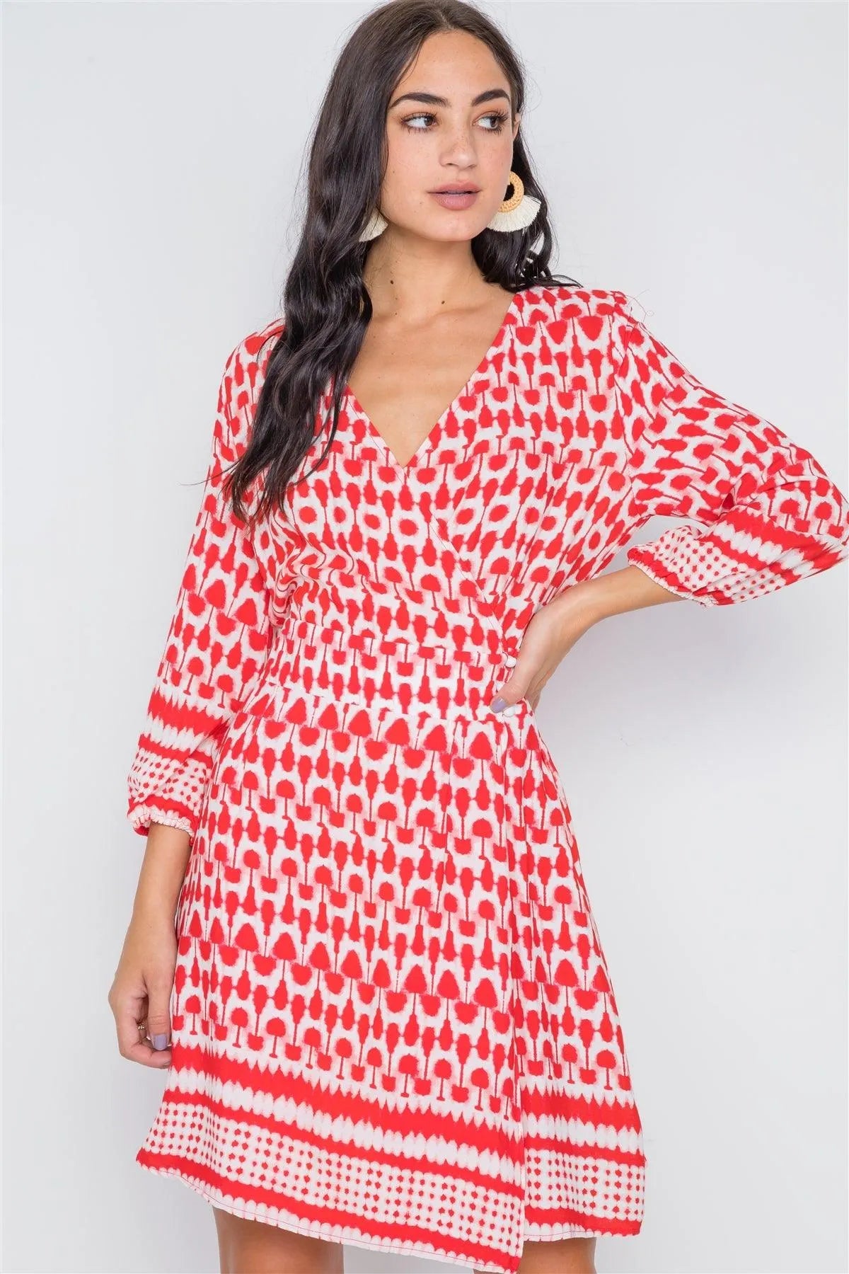Red Multi Print Surplice Neck 3/4 Sleeve Dress /2-2-2 - Tasha Apparel Wholesale