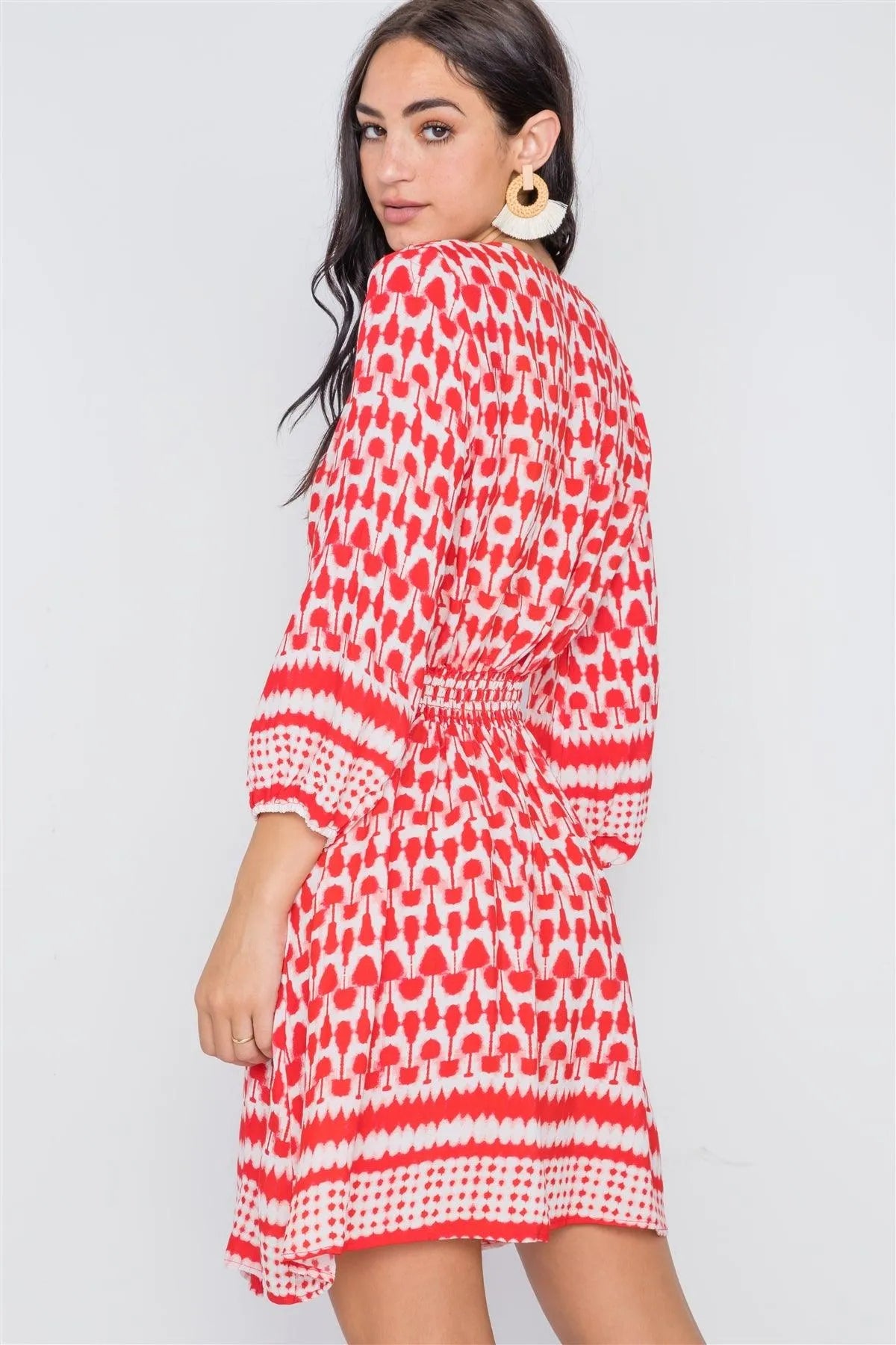 Red Multi Print Surplice Neck 3/4 Sleeve Dress /2-2-2 - Tasha Apparel Wholesale