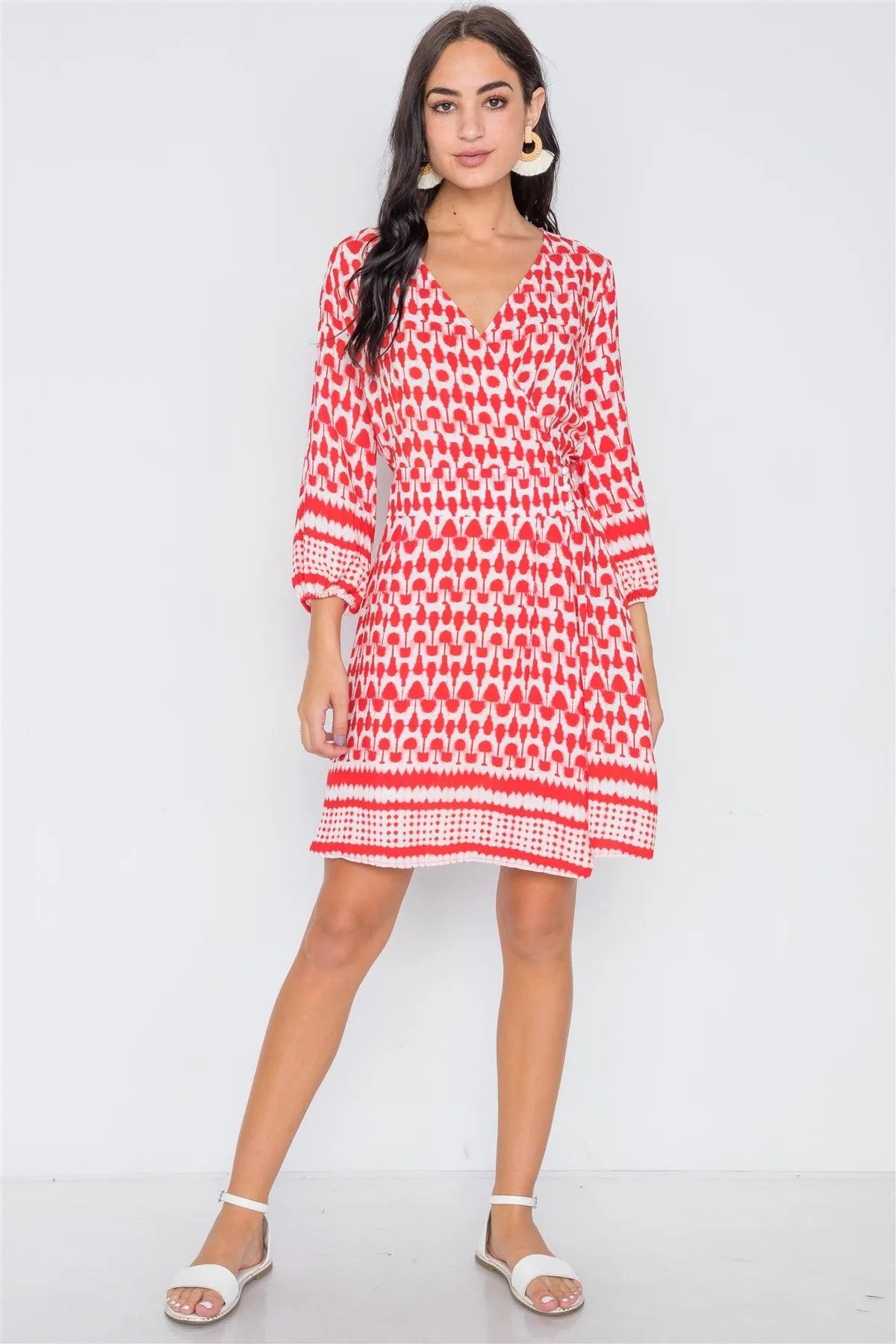 Red Multi Print Surplice Neck 3/4 Sleeve Dress /2-2-2 - Tasha Apparel Wholesale