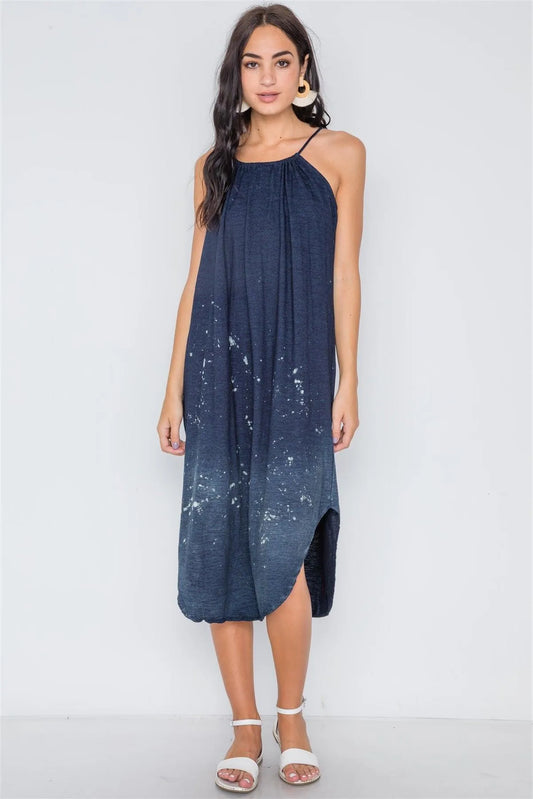 Navy Bleach Dye Loose Fit Cani Midi Dress /1-2-2 - Tasha Apparel Wholesale