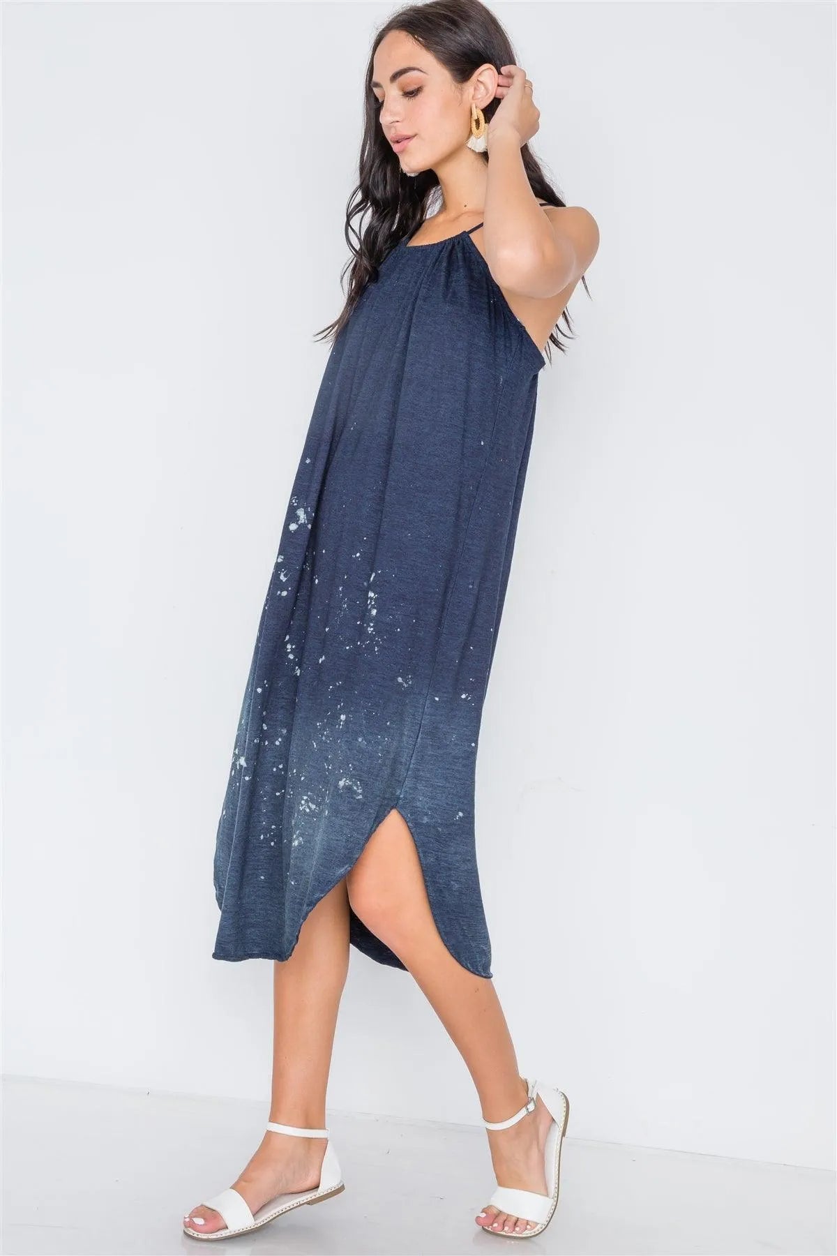 Navy Bleach Dye Loose Fit Cani Midi Dress /1-2-2 - Tasha Apparel Wholesale