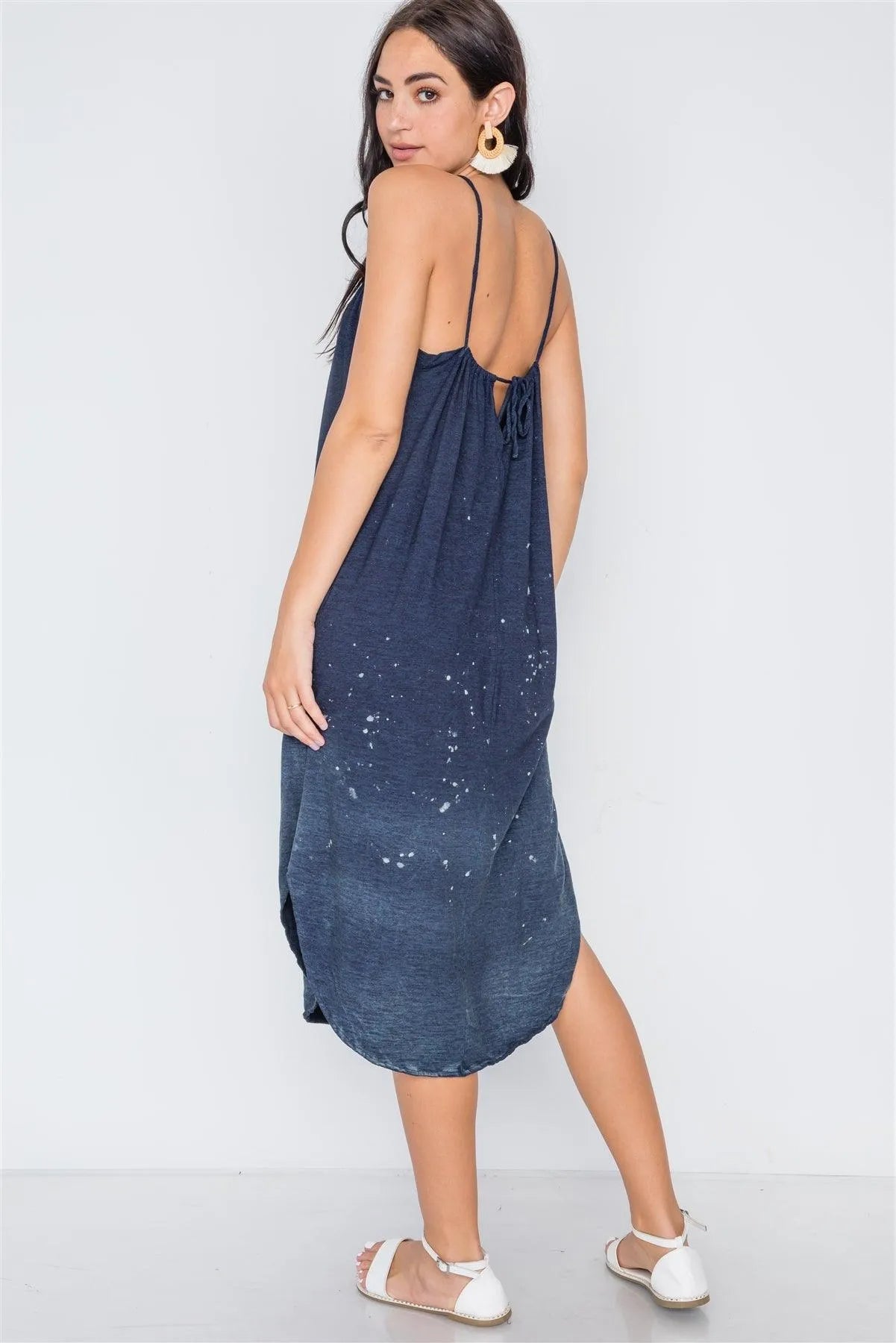 Navy Bleach Dye Loose Fit Cani Midi Dress /2-2-2 - Tasha Apparel Wholesale