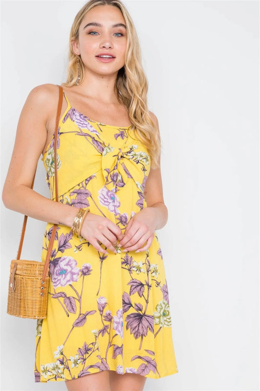 Yellow Floral Print Front-Tie Cami Mini Dress /2-2-2 - Tasha Apparel Wholesale