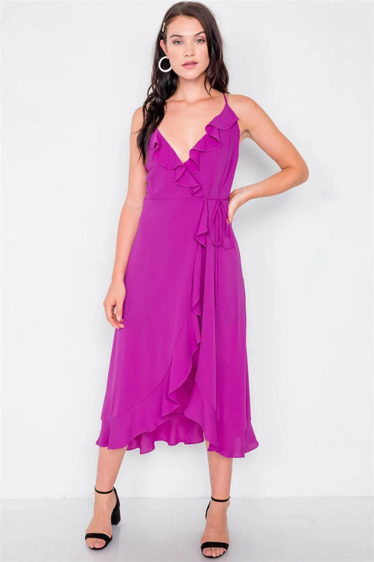 Magenta Flounce Cami Solid Midi Wrap Dress / 2-2-2 - Tasha Apparel Wholesale