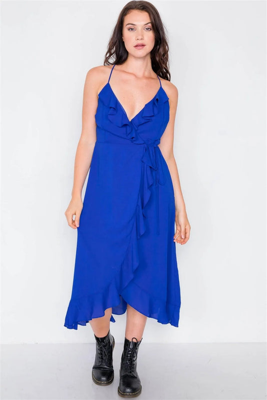 Royal Blue Flounce Cami Solid Midi Wrap Dress / 2-2-2 - Tasha Apparel Wholesale