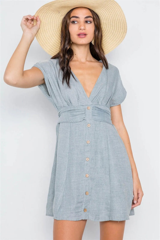 Sage V-Neck Button-Front Mini Boho Dress /2-2-2 - Tasha Apparel Wholesale