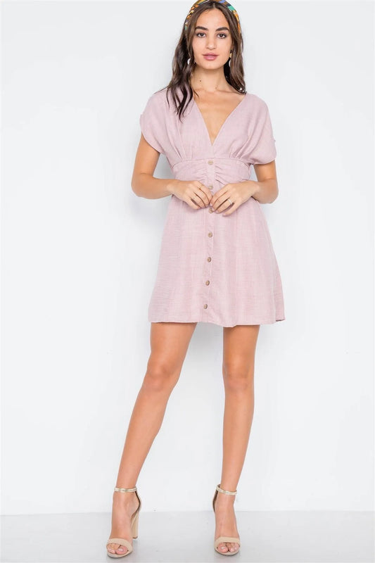 Light Mauve V-Neck Button-Front Mini Boho Dress /1-3-1 - Tasha Apparel Wholesale