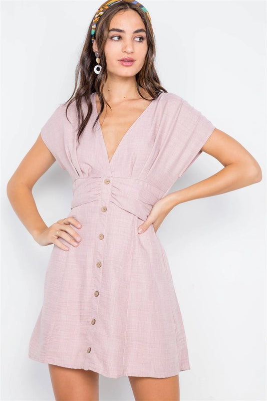 Light Mauve V-Neck Button-Front Mini Boho Dress /2-2-2 - Tasha Apparel Wholesale