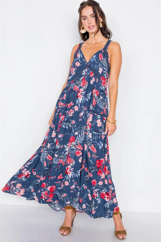 Navy Crochet Floral V-Neck Maxi Dress /2-2-2 - Tasha Apparel Wholesale