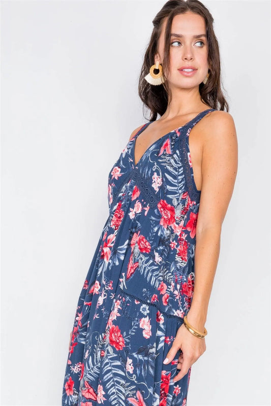 Navy Crochet Floral V-Neck Maxi Dress / 2-2-3 - Tasha Apparel Wholesale
